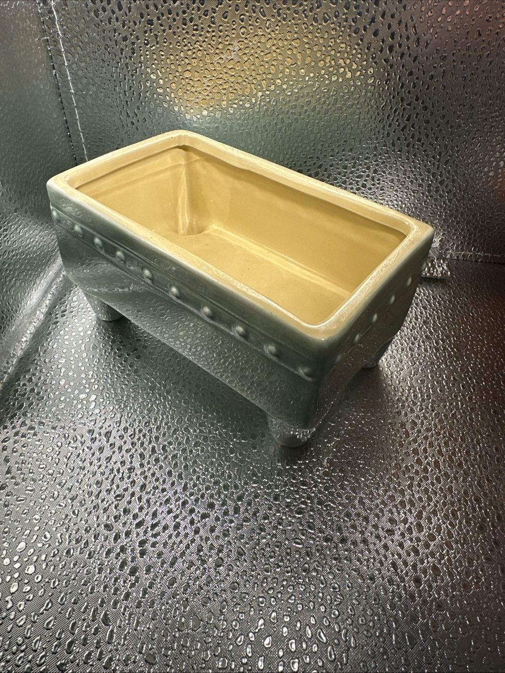 Glazed Ceramic Rectangular Planter in Sage Green with Cream Interior footed 5”x3